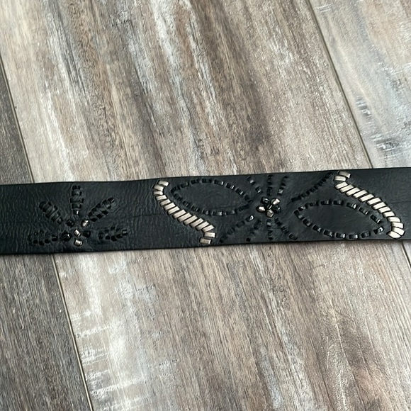 Brighton Opera black wide leather whipstitched flower belt main image 4
